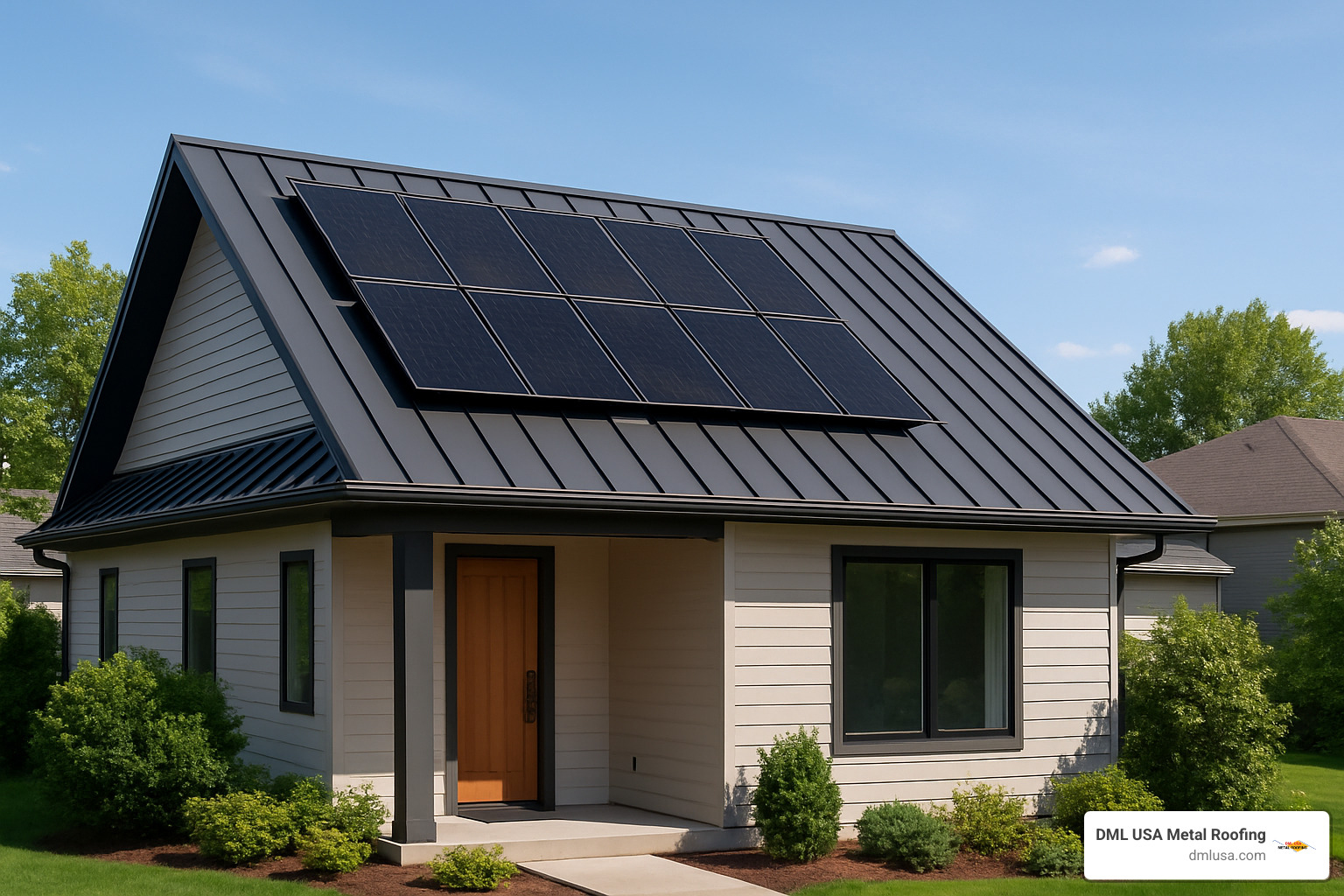 Solar panels installed on a modern standing seam metal roof—showcasing compatibility and energy savings. - metal roofing companies