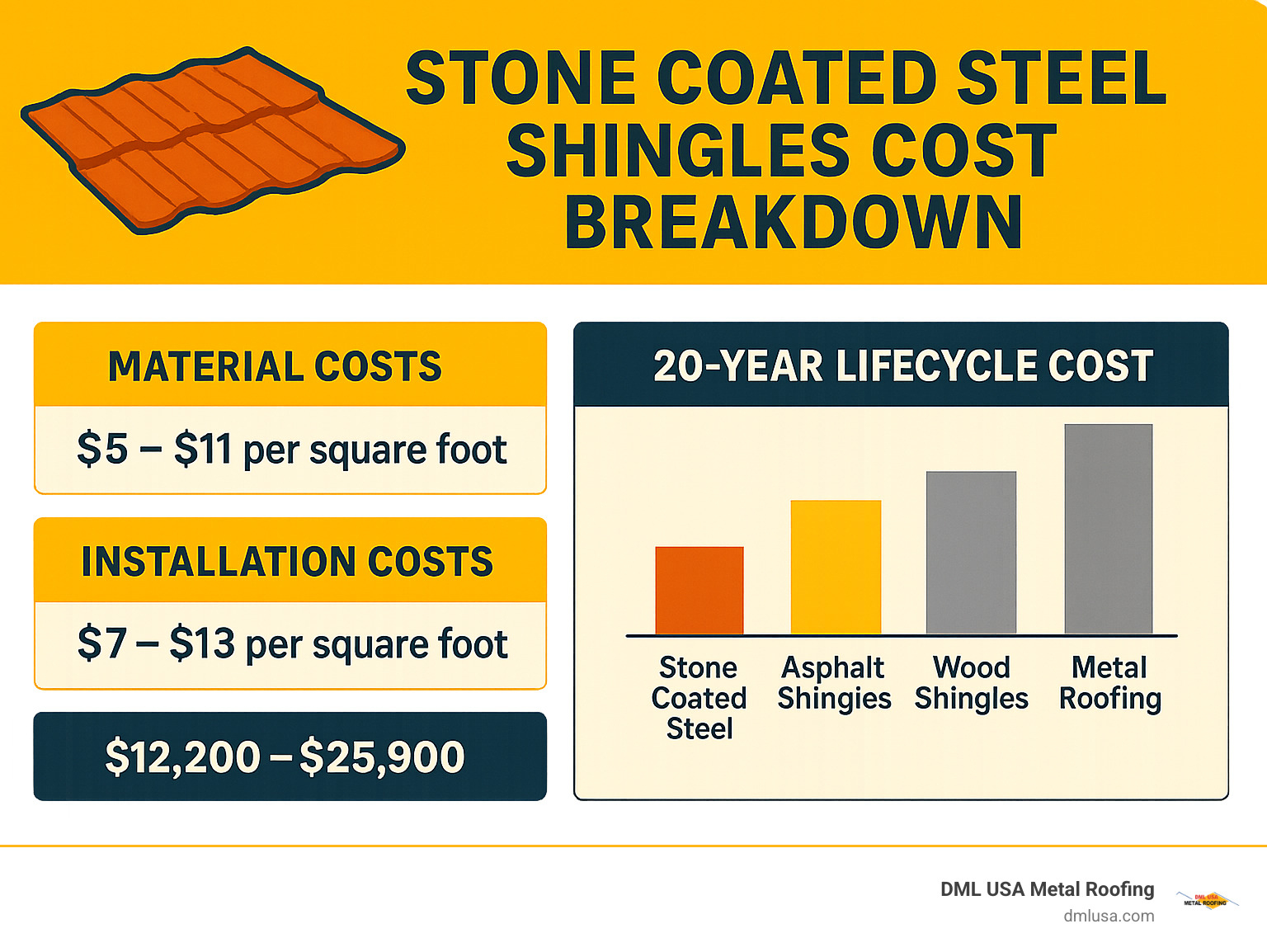 Stone coated steel shingles cost breakdown showing material costs, installation costs, total project ranges, and comparison with other roofing materials over 20-year lifecycle - stone coated steel shingles cost infographic 