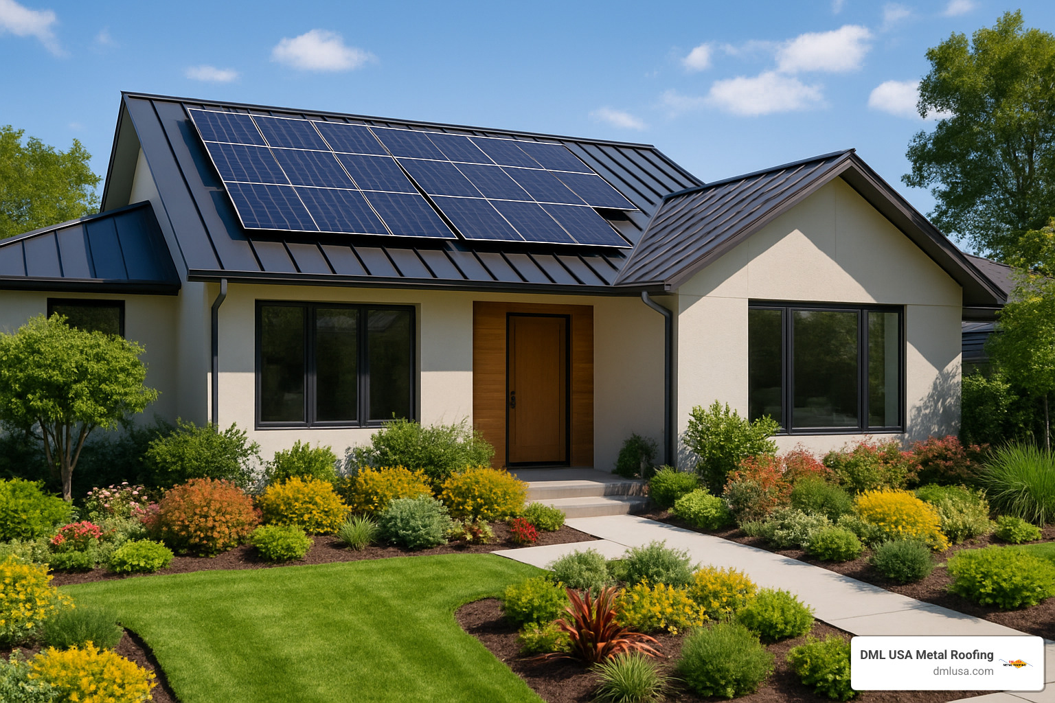Modern home with a sleek metal roof, solar panels, and beautiful landscaping, representing the future of sustainable roofing. - metal roofing companies