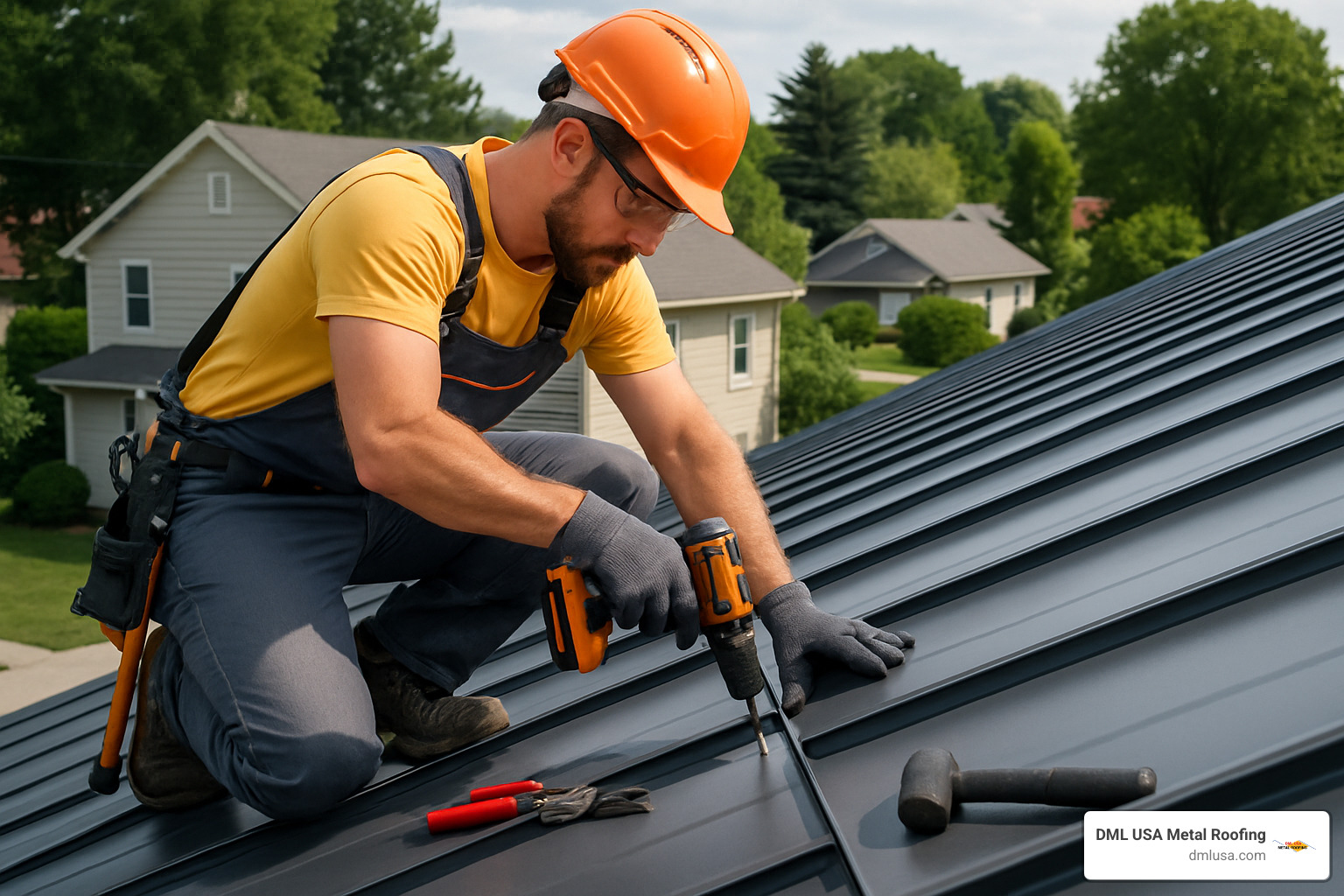Metal roofing contractor expertly installing a standing seam panel on a residential home. - metal roofing companies