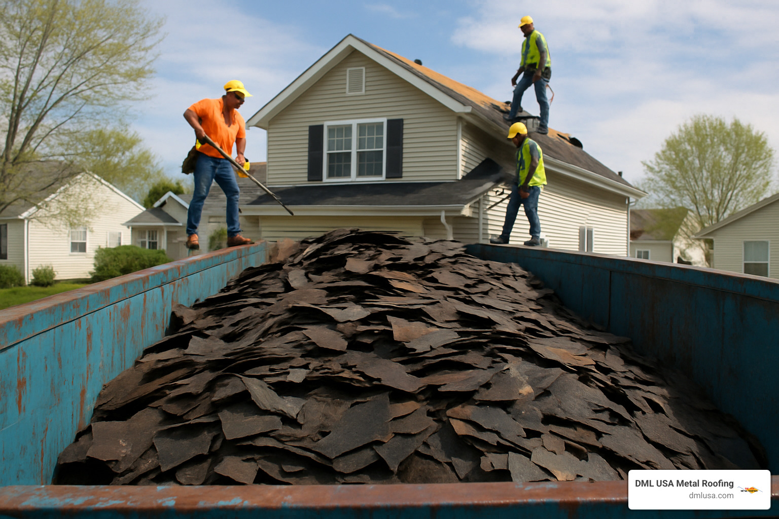 dumpster full of old asphalt shingles being removed from a roof - how much should a new roof cost