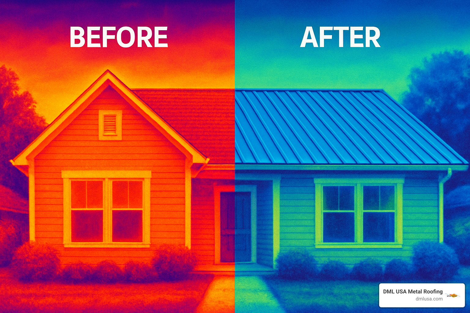 Infrared heat map showing temperature differences before and after metal roof installation - can metal roofing go over shingles cost