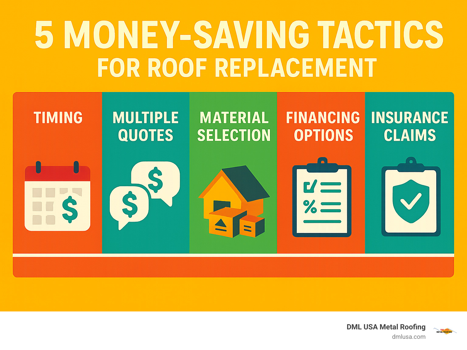 infographic showing 5 money-saving tactics for roof replacement including timing, multiple quotes, material selection, financing options, and insurance claims - how much should a new roof cost infographic 