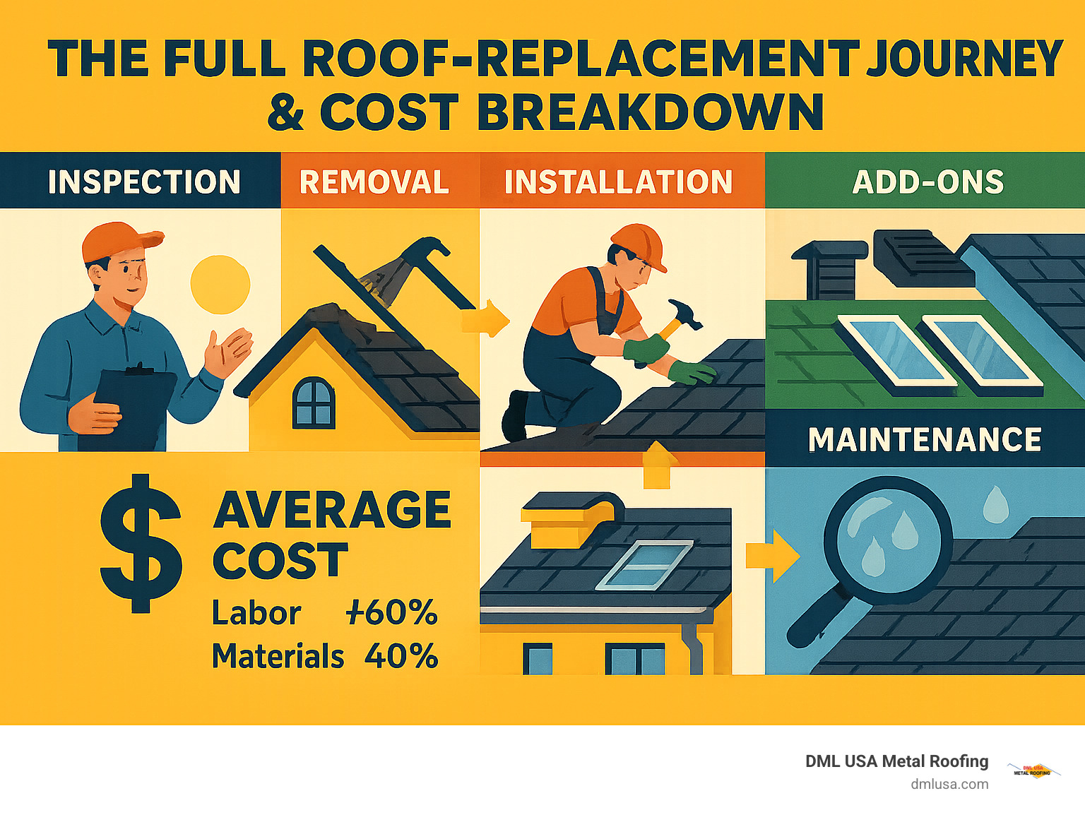 infographic showing the full roof-replacement journey and cost breakdown, from inspection and removal to installation, add-ons, and maintenance - how much should a new roof cost infographic 