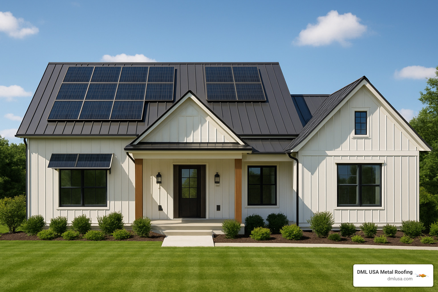 A modern farmhouse with a sleek standing seam metal roof, highlighting curb appeal, longevity, and energy-saving benefits. - metal roofing companies