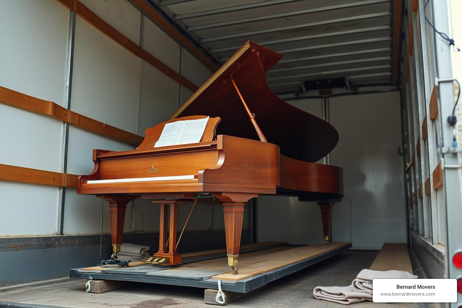 Grand piano positioned on skid board in truck - how to secure a piano in a moving truck