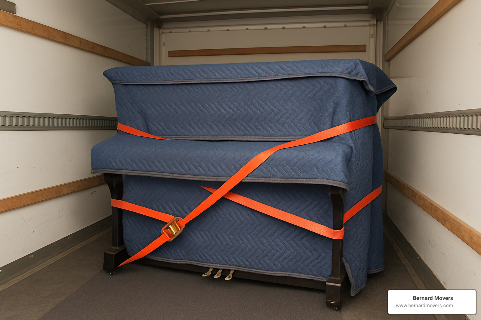 Piano secured with straps against truck wall - how to secure a piano in a moving truck