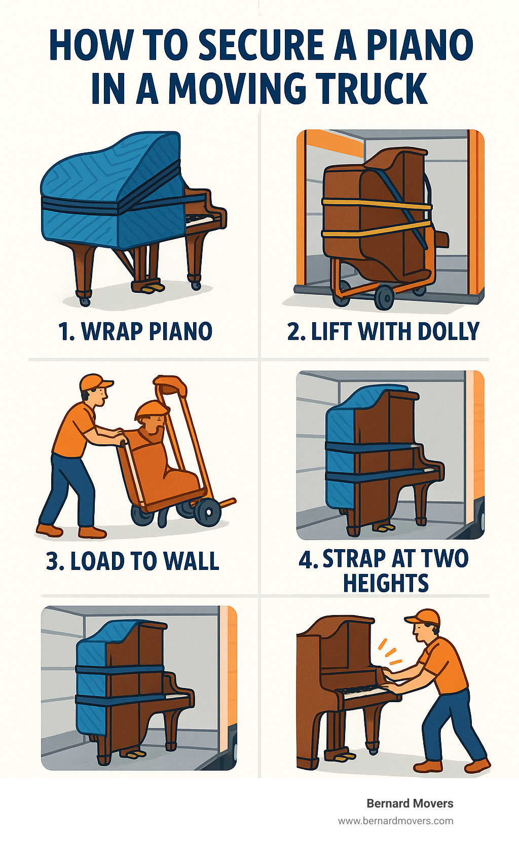 Step-by-step infographic showing: 1. wrap piano, 2. lift with dolly, 3. load to wall, 4. strap at two heights, 5. pad surfaces, 6. check for movement - how to secure a piano in a moving truck infographic 