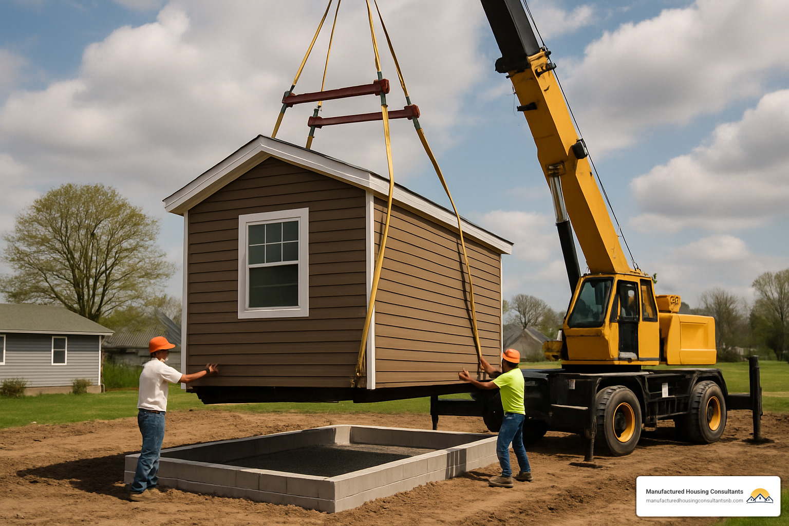 Delivery day scene showing manufactured tiny home being positioned on prepared site - Manufactured tiny homes
