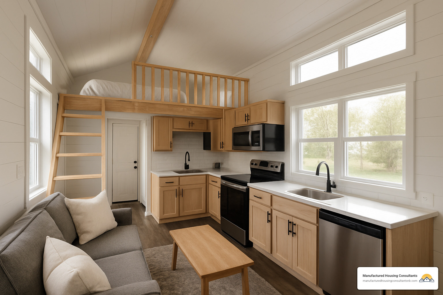 Interior layout of manufactured tiny home showing efficient use of space with loft bedroom, full kitchen, and living area - Manufactured tiny homes