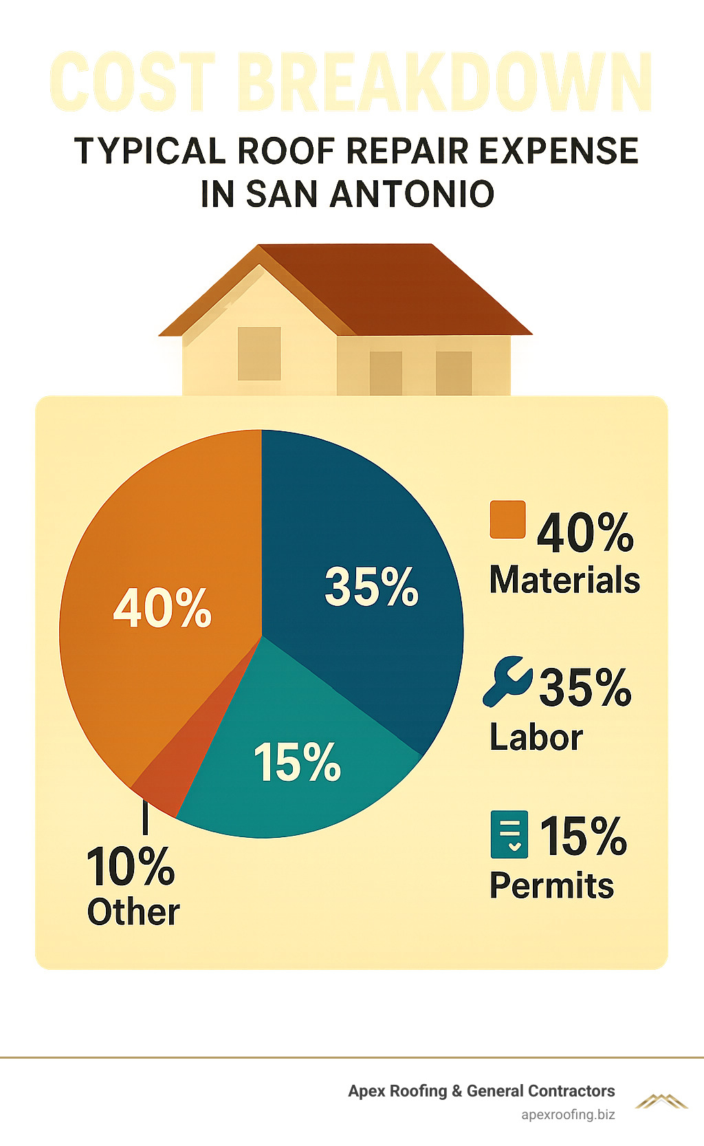 Cost breakdown showing typical roof repair expenses in San Antonio including materials, labor, permits, and additional fees with percentage allocations - roof repair San Antonio infographic 