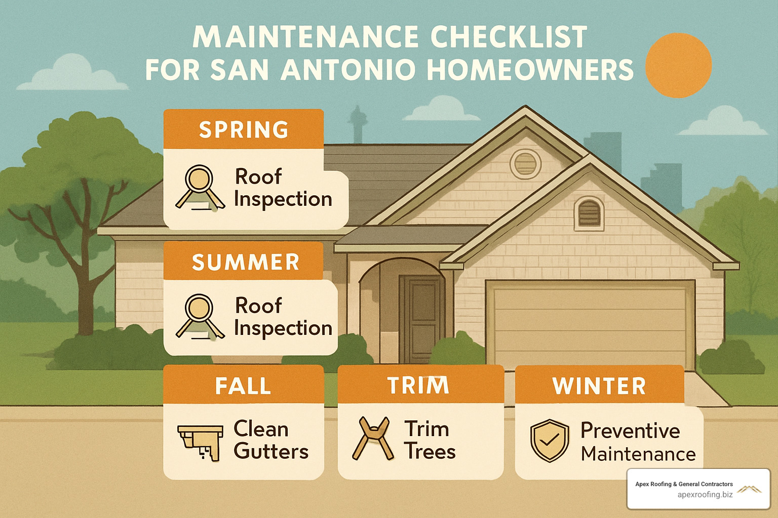 maintenance checklist showing seasonal roof care tasks including inspection points, cleaning schedules, and preventive measures for San Antonio homeowners - roof repair San Antonio