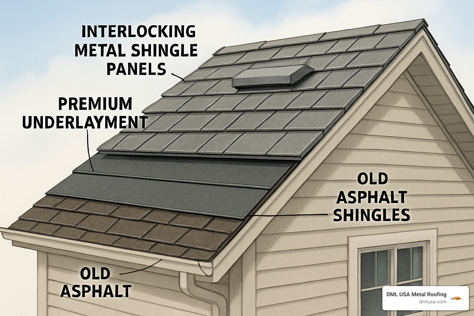 metal shingle roof installation layers: old roof, underlayment, venting, metal panels - shingle metal roof