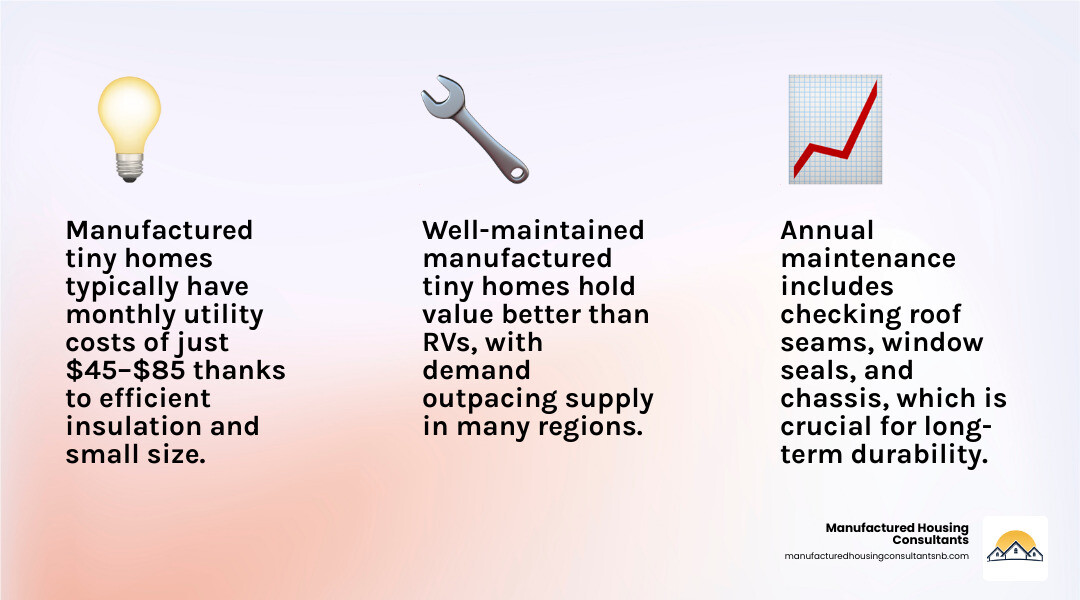 Infographic showing average monthly utility costs for manufactured tiny homes ($45-85) compared to traditional homes ($150-250), plus maintenance checklist with seasonal tasks - Manufactured tiny homes infographic 3_facts_emoji_light-gradient