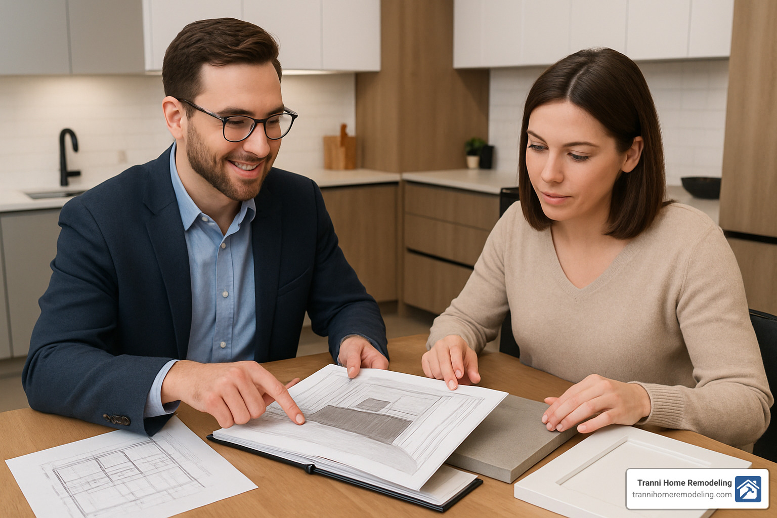 Kitchen designer reviewing portfolio materials with client - Kitchen Designer