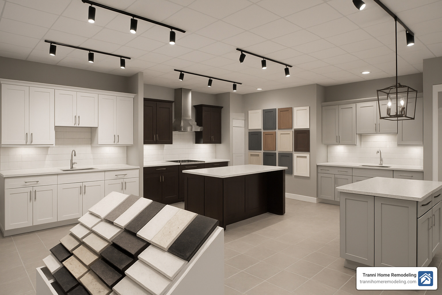Modern kitchen showroom with various cabinet displays and countertop samples - Kitchen Designer