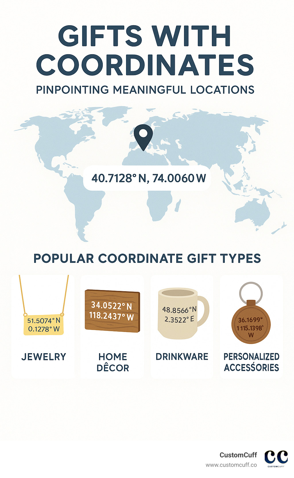 Infographic showing how GPS coordinates pinpoint meaningful locations on a world map, with examples of popular coordinate gift types including jewelry, home décor, and personalized accessories - gifts with coordinates infographic