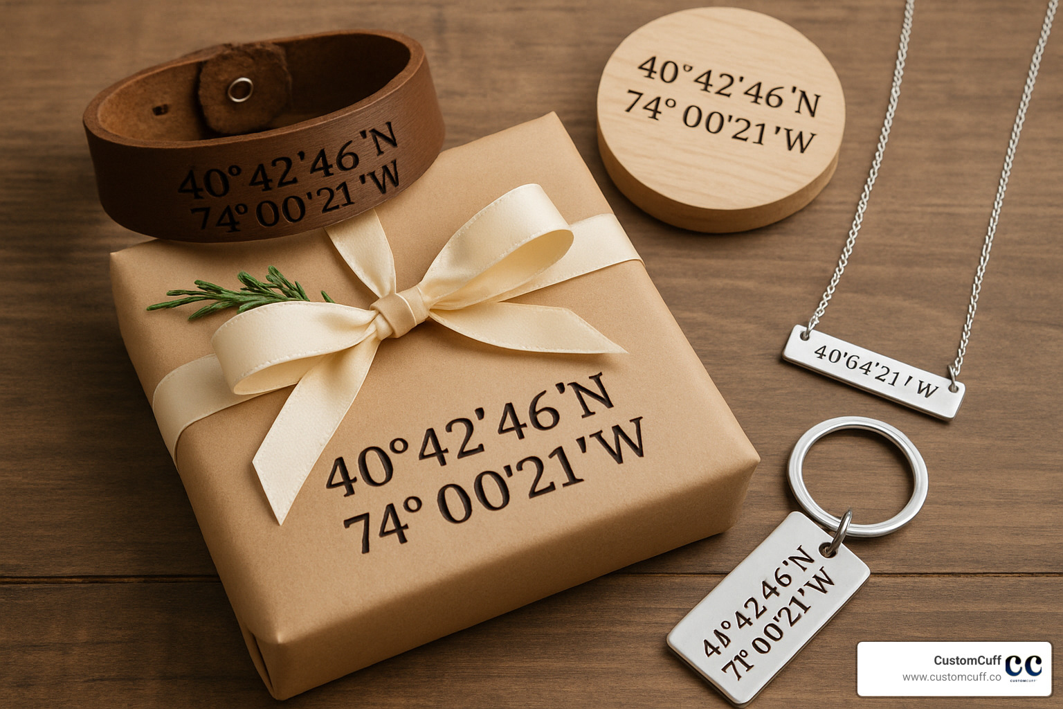 Gift box wrapped in vintage map paper with coordinate jewelry inside, surrounded by travel-themed accessories - gifts with coordinates