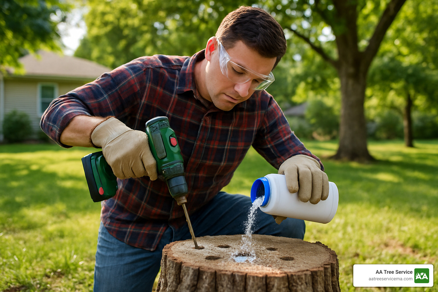 drilling holes in a stump for tree stump removal chemicals