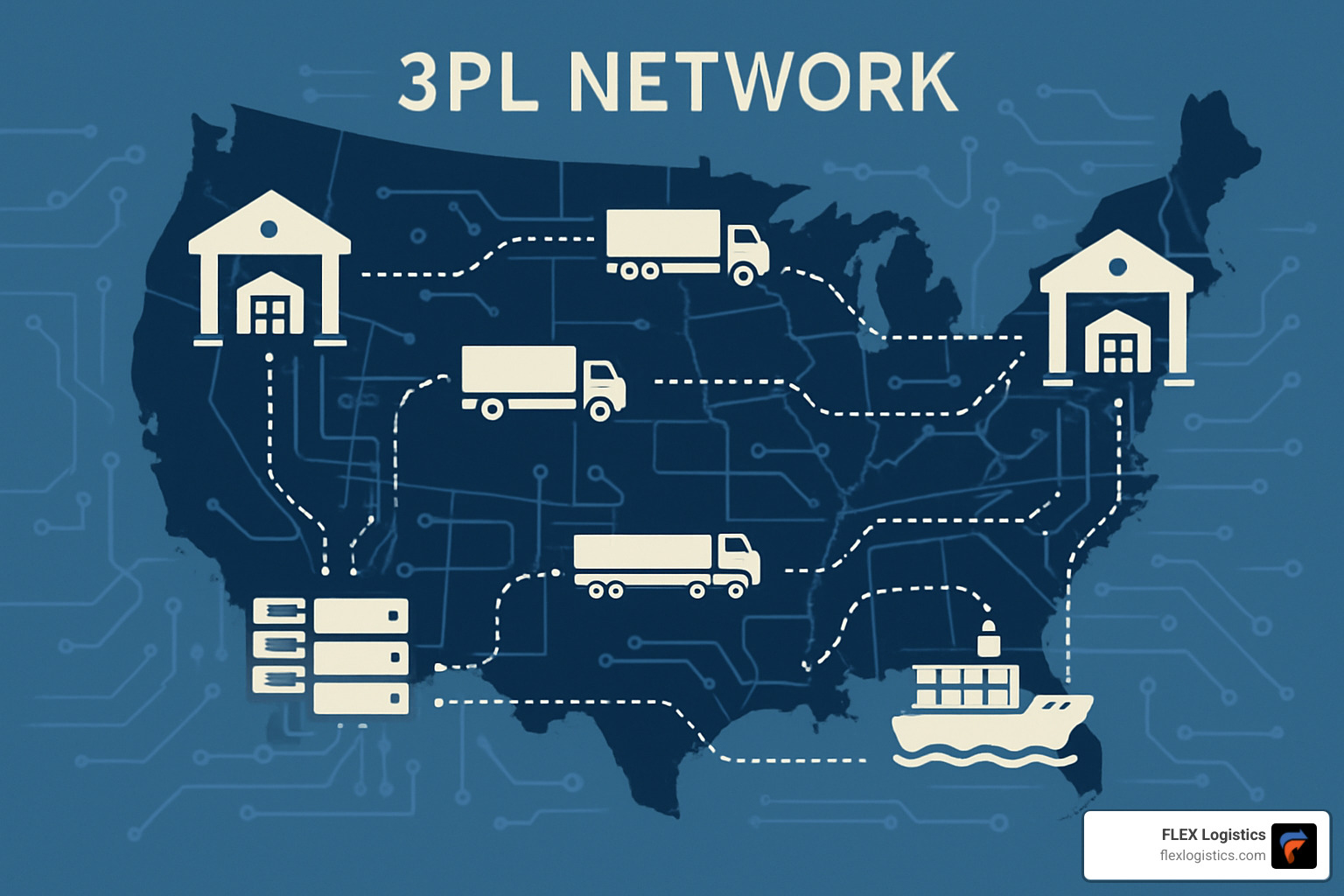 3PL network diagram showing interconnected warehouses, transportation routes, and technology systems - A Deep Dive Into the Supply Chain and 3PL Logistics