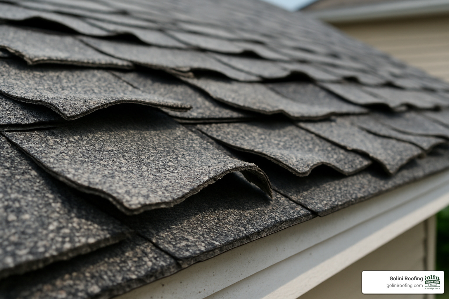Close-up of damaged, curling roof shingles - free roofing inspection near me Close-up of damaged, curling roof shingles - free roofing inspection near me
