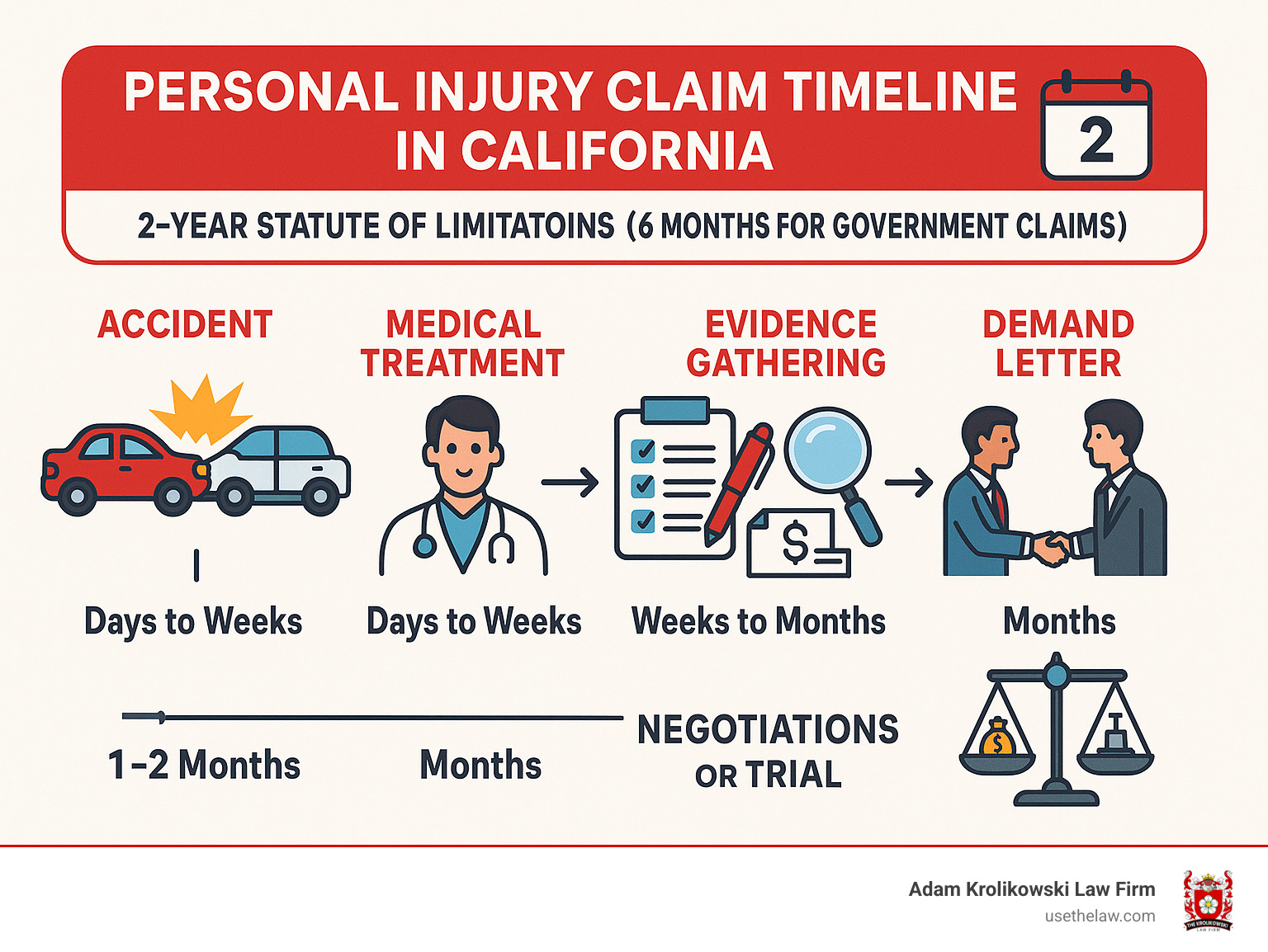 Detailed infographic showing the personal injury claim timeline in California, including the 2-year statute of limitations for most cases, 6-month deadline for government claims, key steps from accident to settlement including medical treatment, evidence gathering, demand letters, negotiations, and potential trial, with average timeframes for each phase - santa ana personal injury lawyer infographic 
