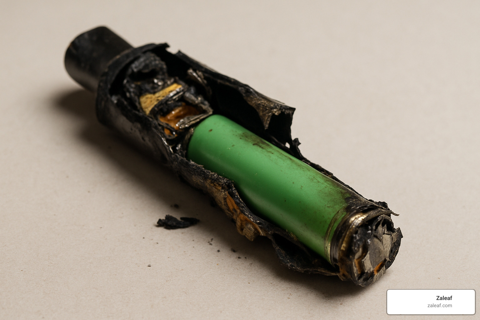 Exploded vape battery showing internal damage - No ID vape delivery