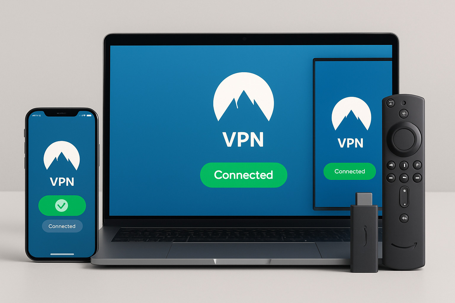 Smartphone, laptop, and Fire TV Stick all running VPN apps for BBC iPlayer