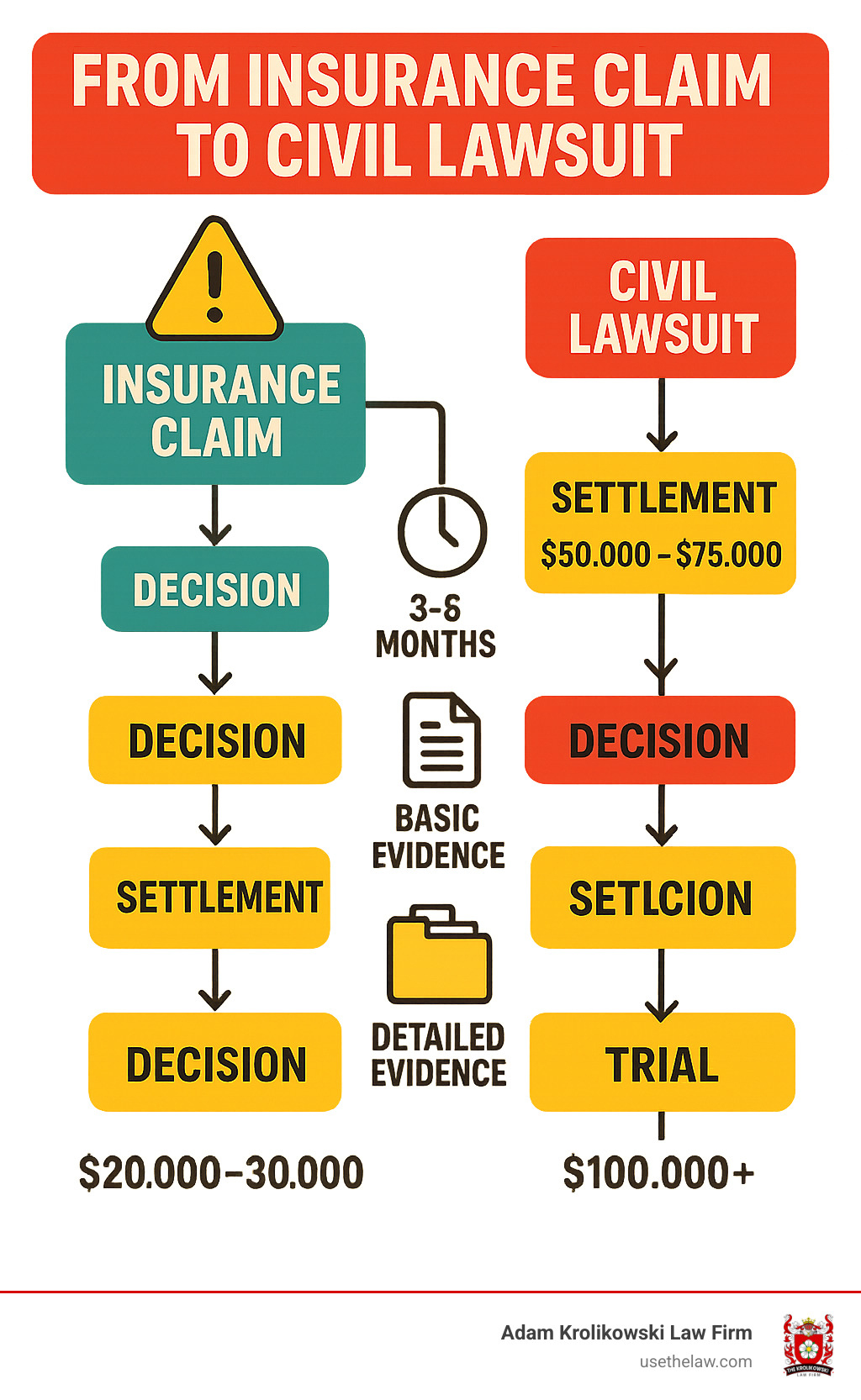 Comprehensive infographic showing the journey from insurance claim to civil lawsuit, including decision points, timelines, required evidence, potential outcomes, and average compensation ranges for each path - santa ana personal injury lawyer infographic 
