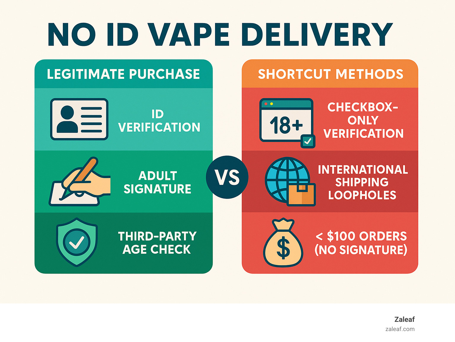 Detailed comparison infographic showing legitimate vape purchase process with ID verification, adult signature, and third-party age checks versus no-ID shortcut methods including checkbox-only verification, international shipping loopholes, and under-$100 orders that bypass signature requirements - No ID vape delivery infographic 