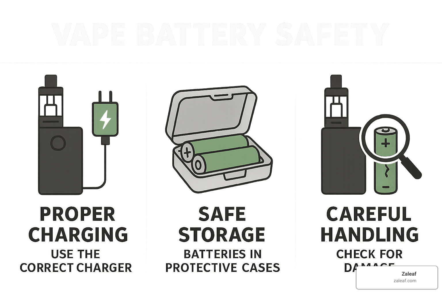 Battery safety infographic showing proper charging, storage, and handling procedures - No ID vape delivery