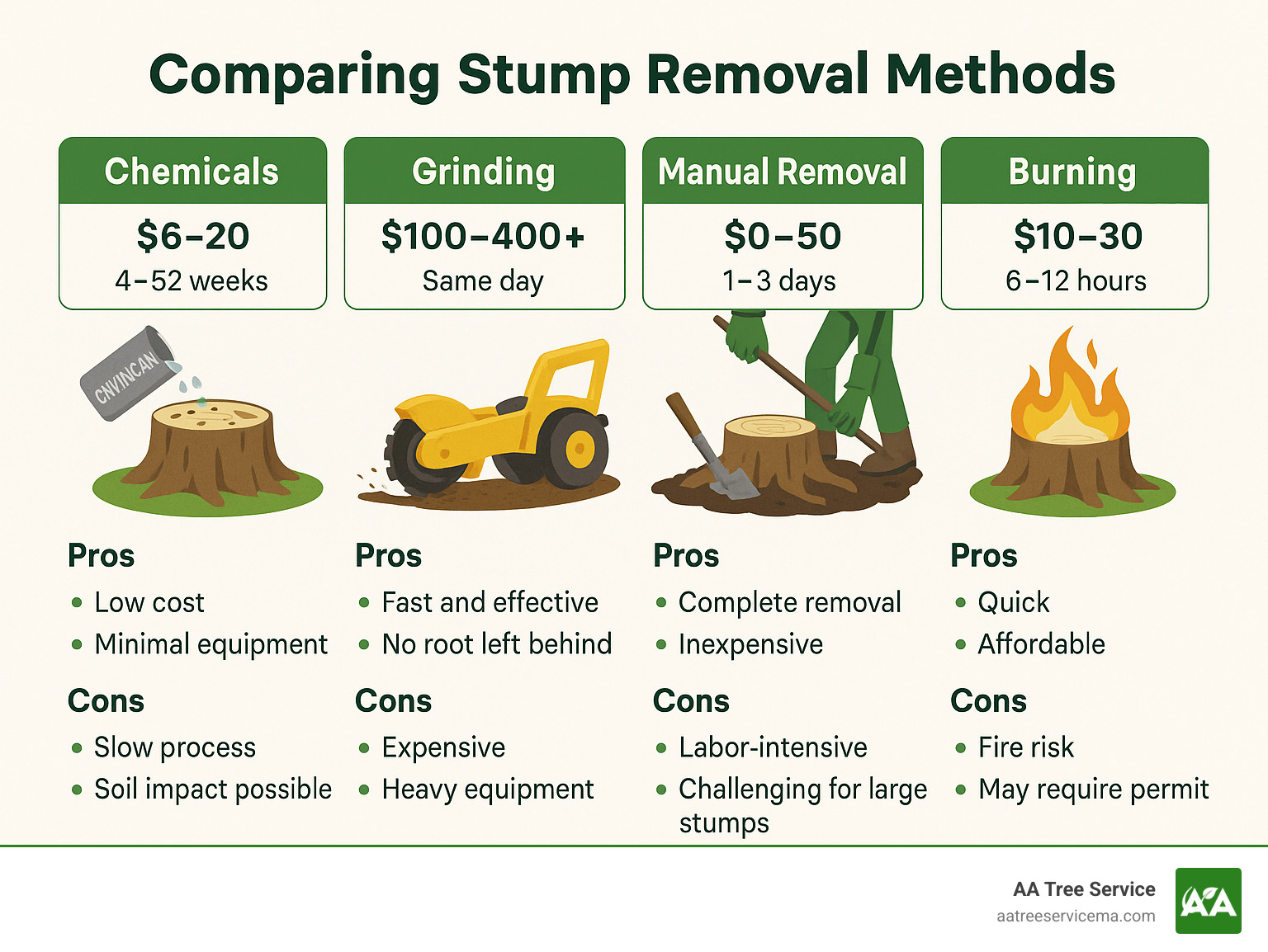 comparison infographic of tree stump removal methods