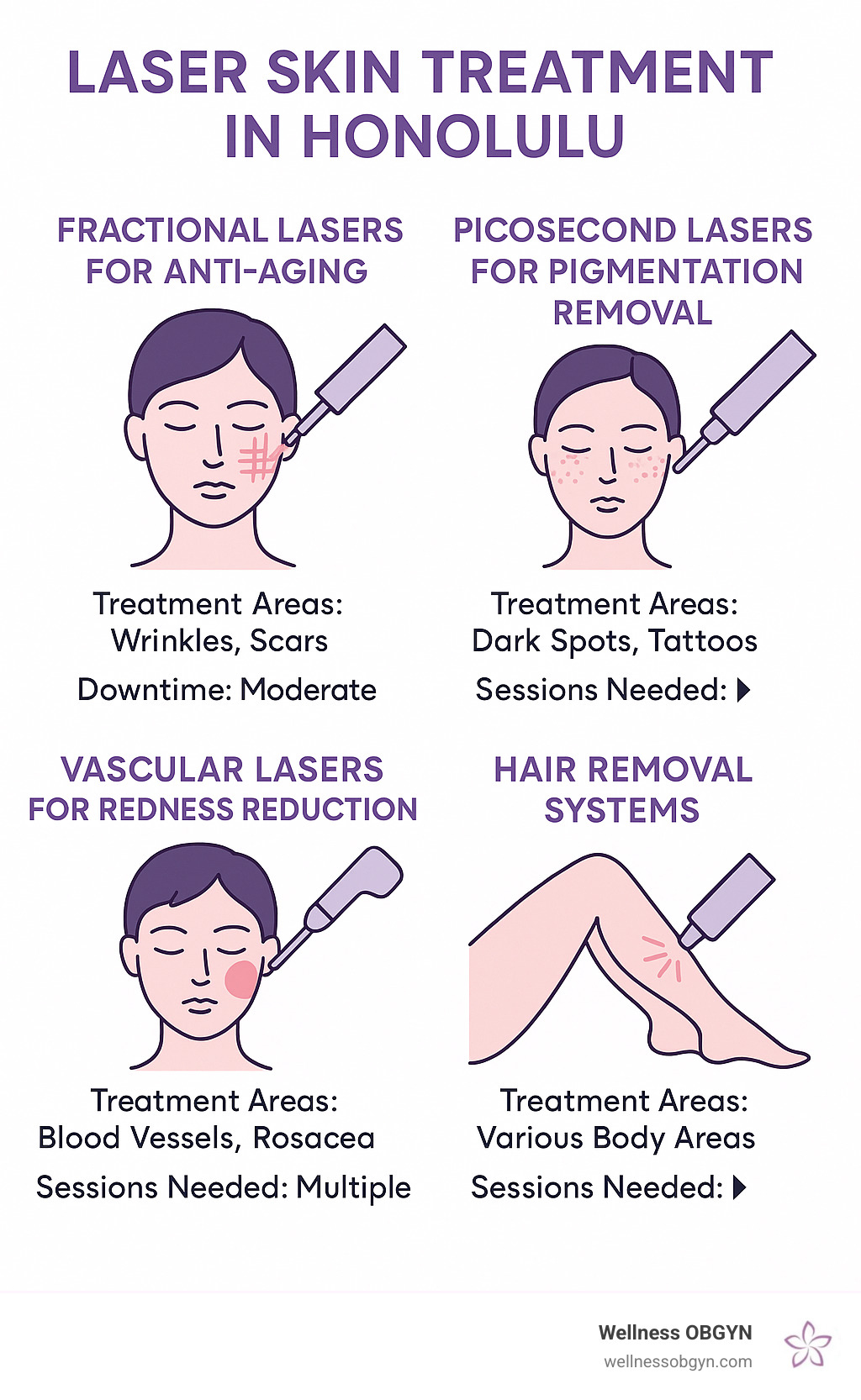 Comprehensive guide to laser skin treatments available in Honolulu including fractional lasers for anti-aging, picosecond lasers for pigmentation removal, vascular lasers for redness reduction, and hair removal systems with treatment areas, downtime expectations, and session requirements - laser skin treatment honolulu infographic