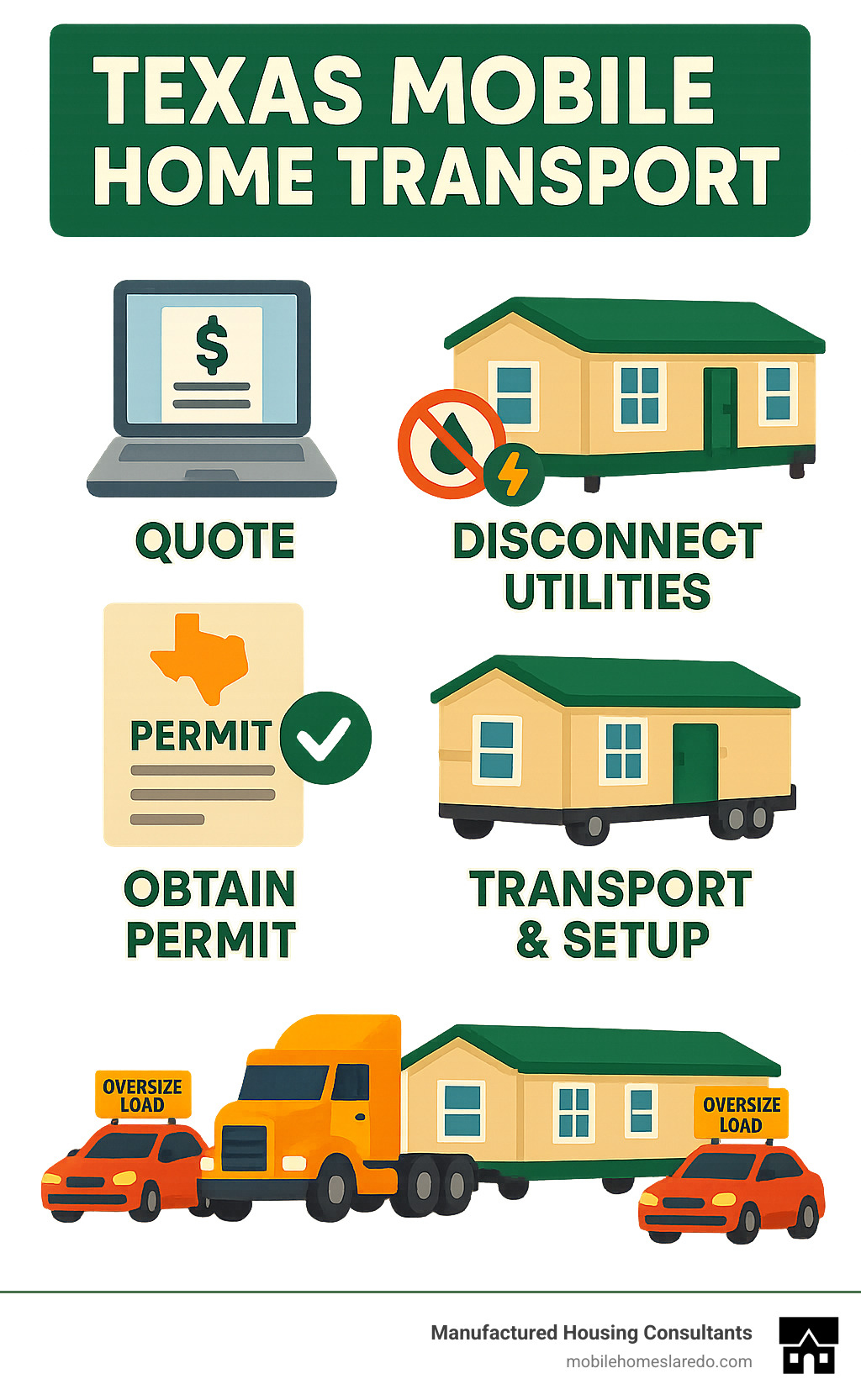 Infographic showing the complete Texas mobile home transport process from initial quote through utility disconnection, permit acquisition, professional transport with escort vehicles, and final setup including leveling, skirting installation, and utility reconnection - Texas mobile home transport infographic  Infographic showing the complete Texas mobile home transport process from initial quote through utility disconnection, permit acquisition, professional transport with escort vehicles, and final setup including leveling, skirting installation, and utility reconnection - Texas mobile home transport infographic