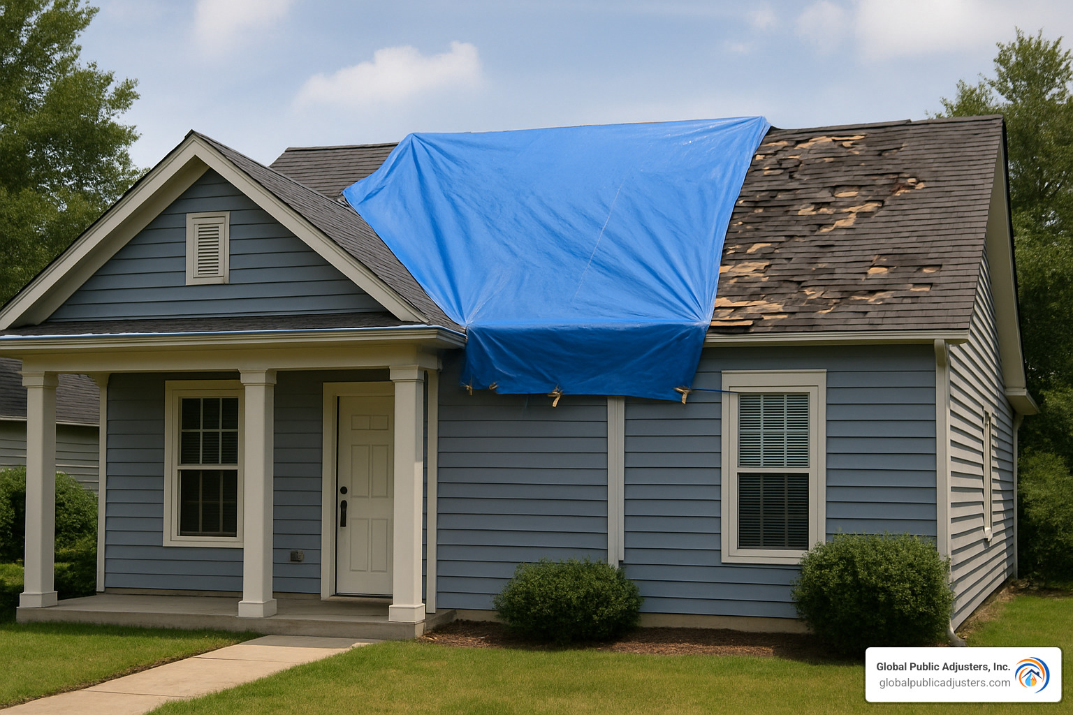 damaged roof with tarp - home insurance claim advice