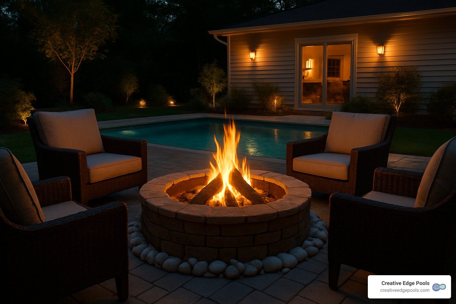 Fire pit surrounded by white rock seating area with pool and evening lighting in background - ideas white rock landscaping around pool
