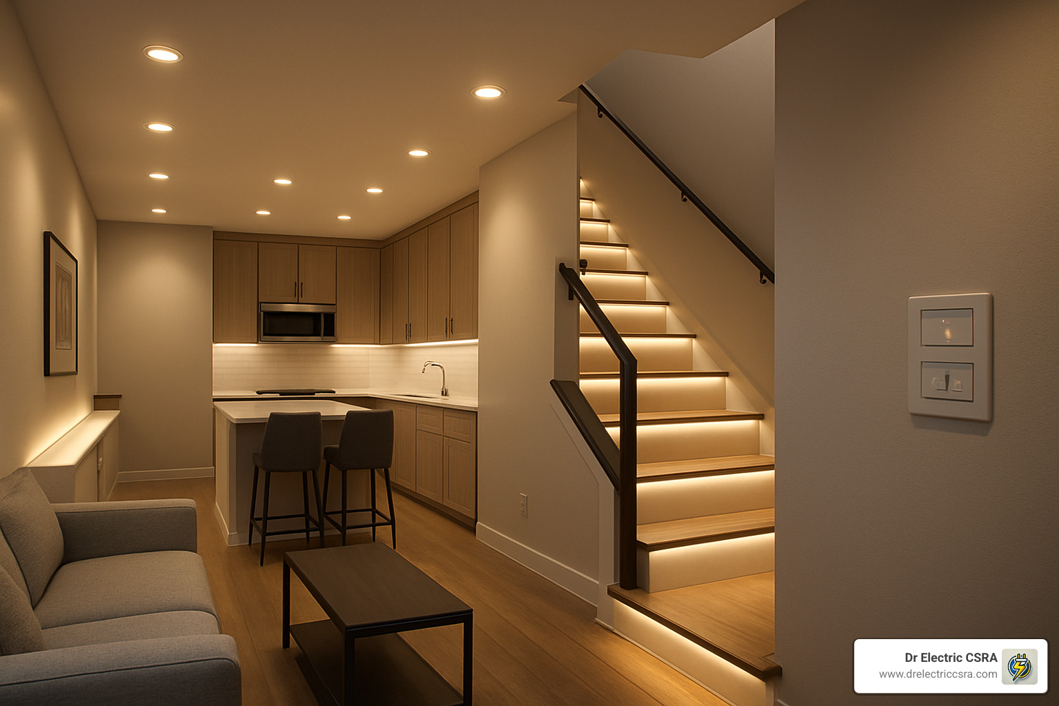Modern kitchen with under-cabinet lighting, illuminated stair tread LEDs, and stylish decor, showcasing smart home electrical upgrades for safety and ambiance.