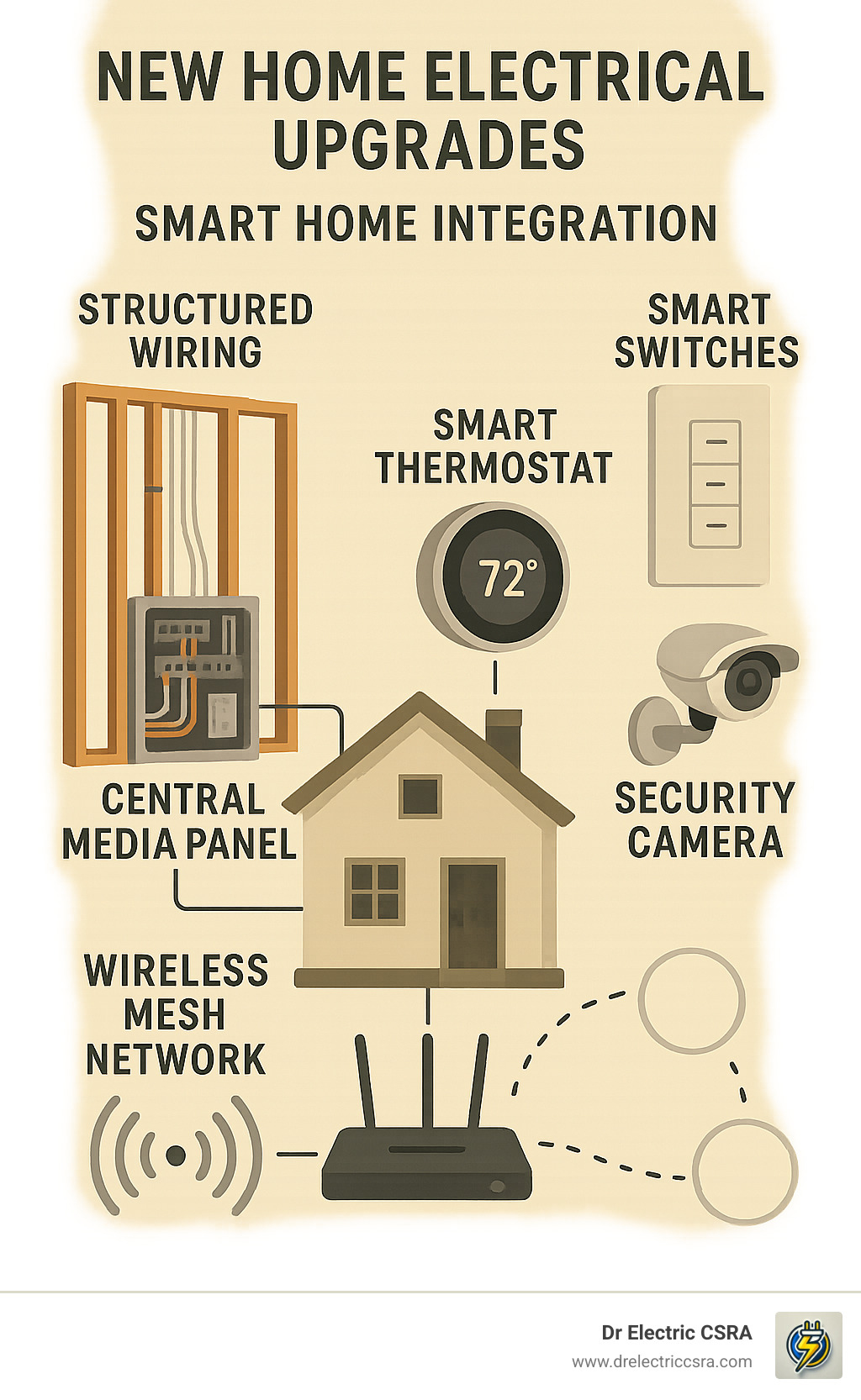 New home electrical upgrades infographic featuring structured wiring, smart thermostat, smart switches, central media panel, security camera, and wireless mesh network, emphasizing smart home integration and efficiency.
