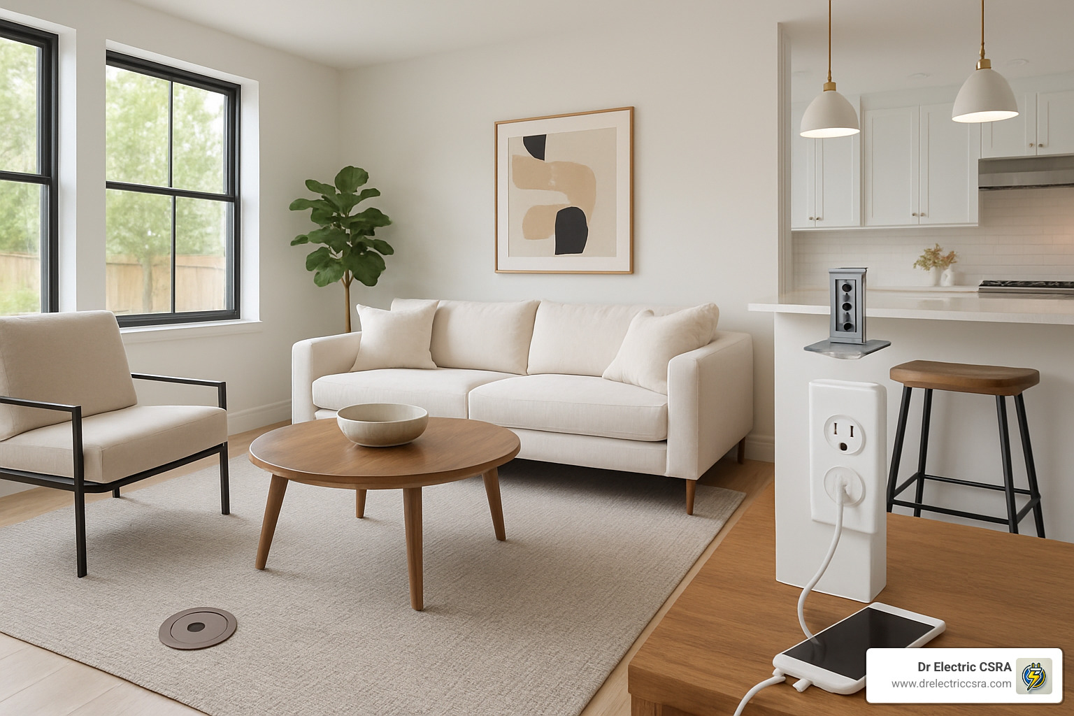 Recessed power outlet pop-up unit in modern living room, featuring USB-C charging and traditional outlets, emphasizing electrical convenience and safety for homeowners.