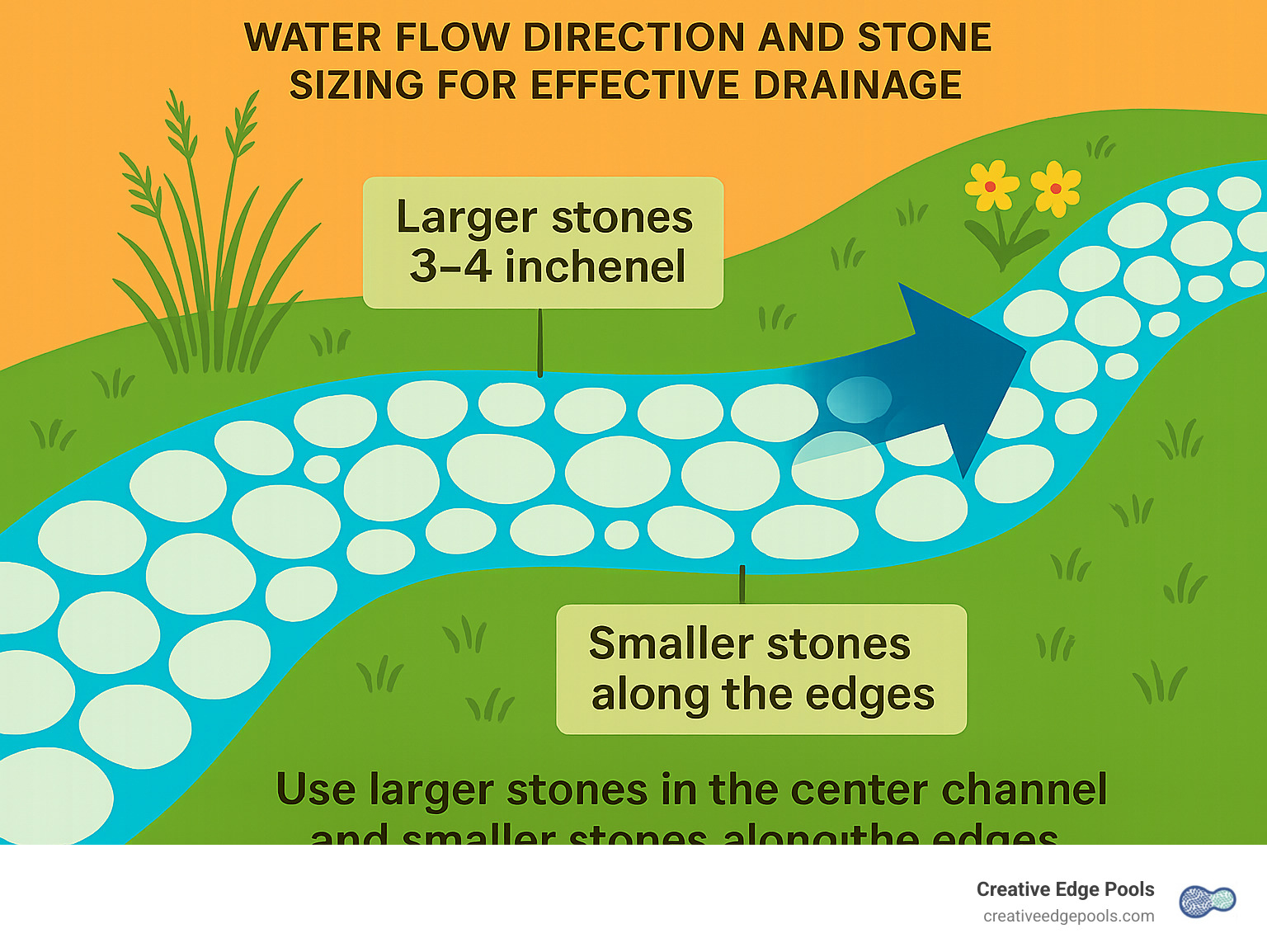 Infographic showing proper water flow direction and stone sizing for effective drainage in dry creek bed design - ideas white rock landscaping around pool infographic 