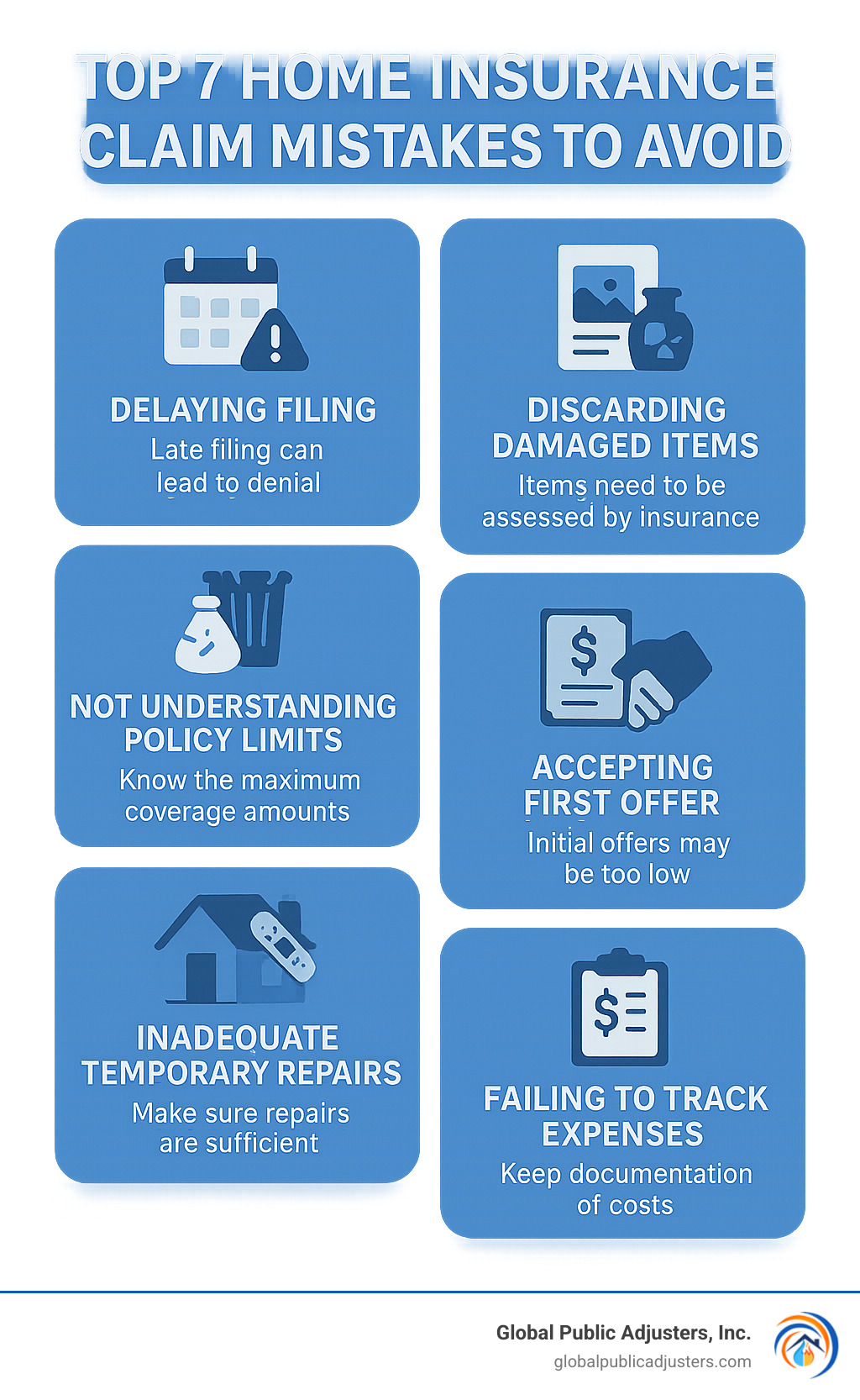 Comprehensive infographic showing the top 7 home insurance claim mistakes to avoid, including delaying filing, poor documentation, discarding damaged items, not understanding policy limits, accepting first offers, inadequate temporary repairs, and failing to track expenses - home insurance claim advice infographic 