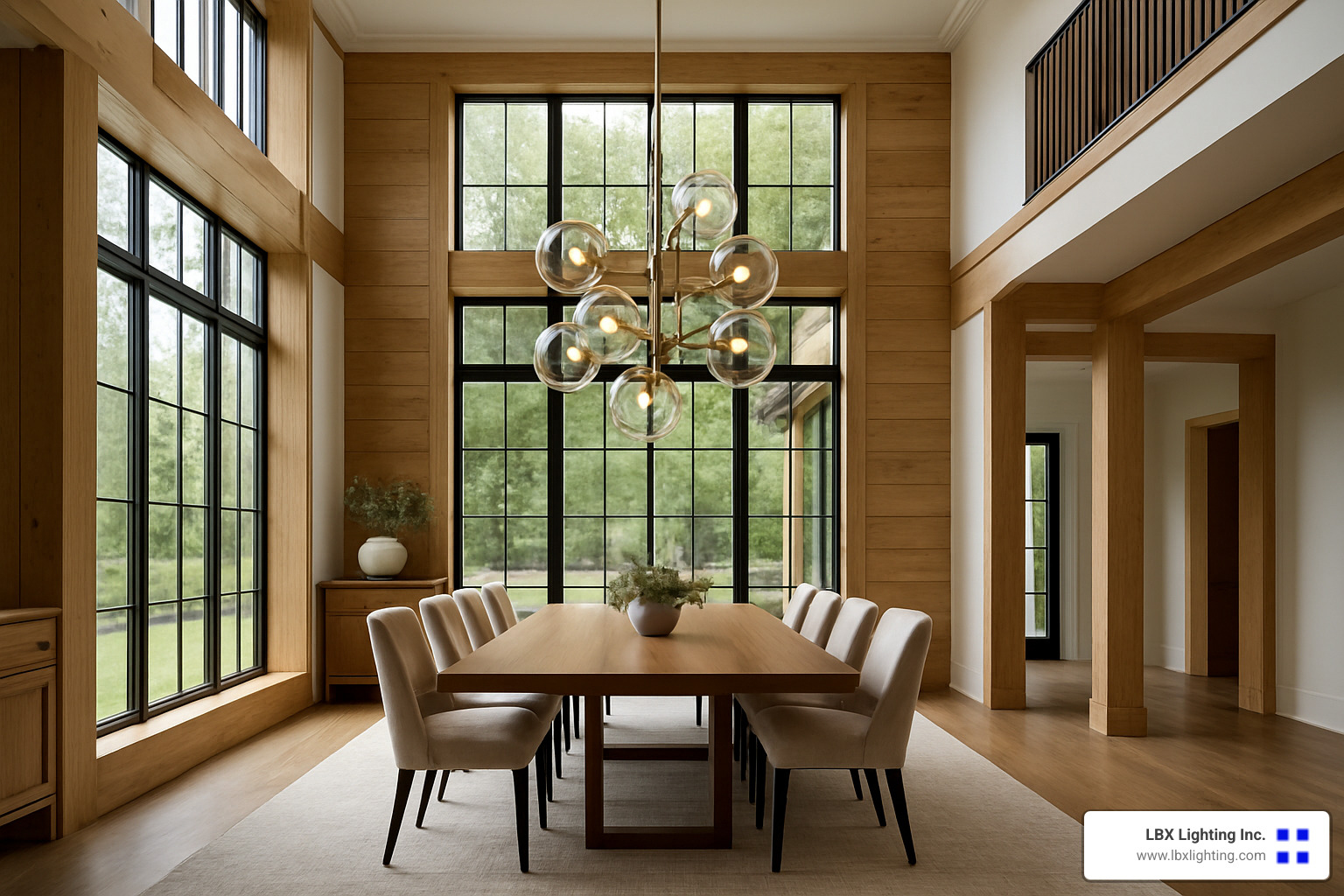 Double-volume dining space with modern chandelier creating perfect scale and ambiance - modern chandelier for high ceiling dining room