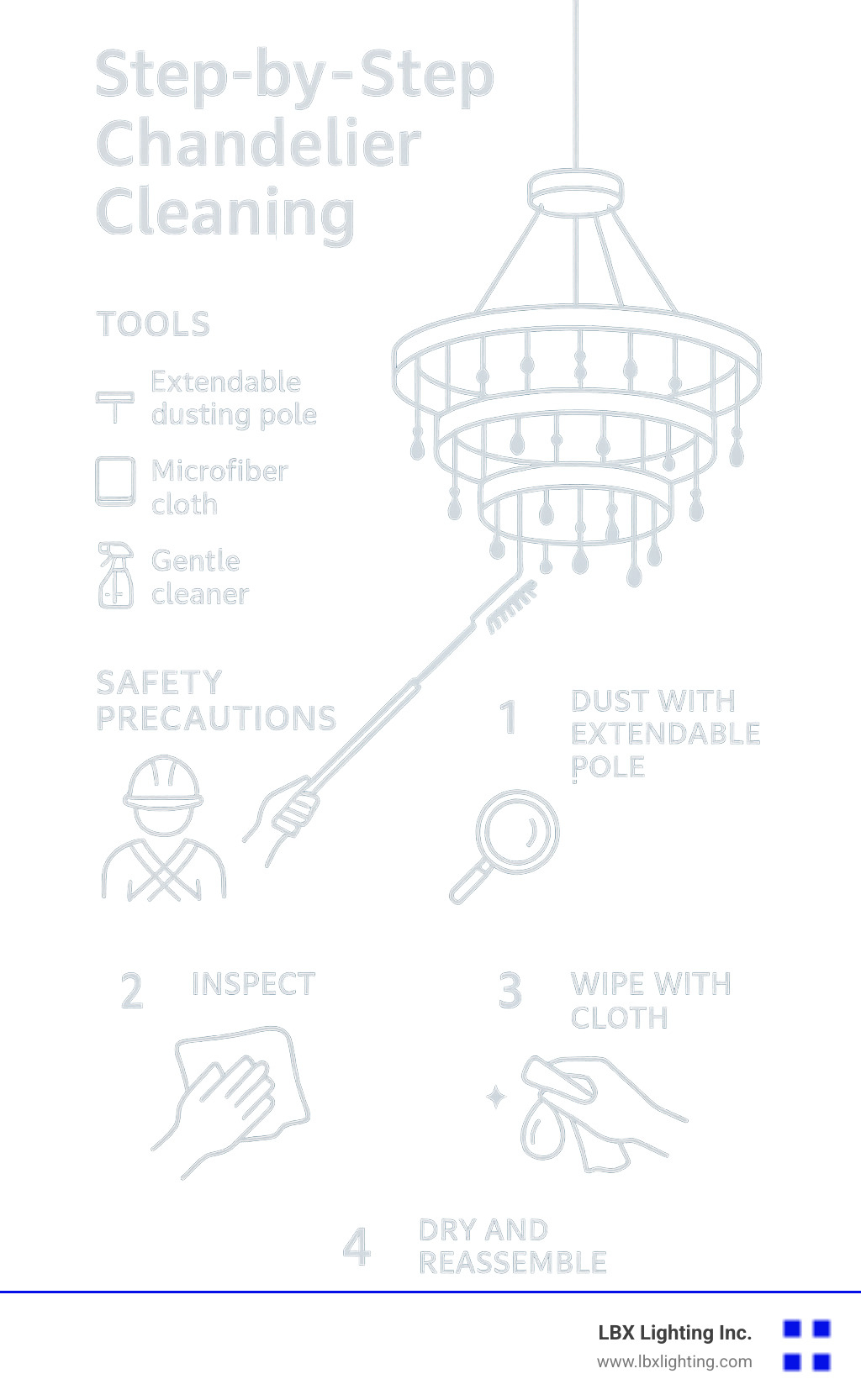 Infographic showing step-by-step chandelier cleaning process with recommended tools and safety precautions - modern chandelier for high ceiling dining room infographic 