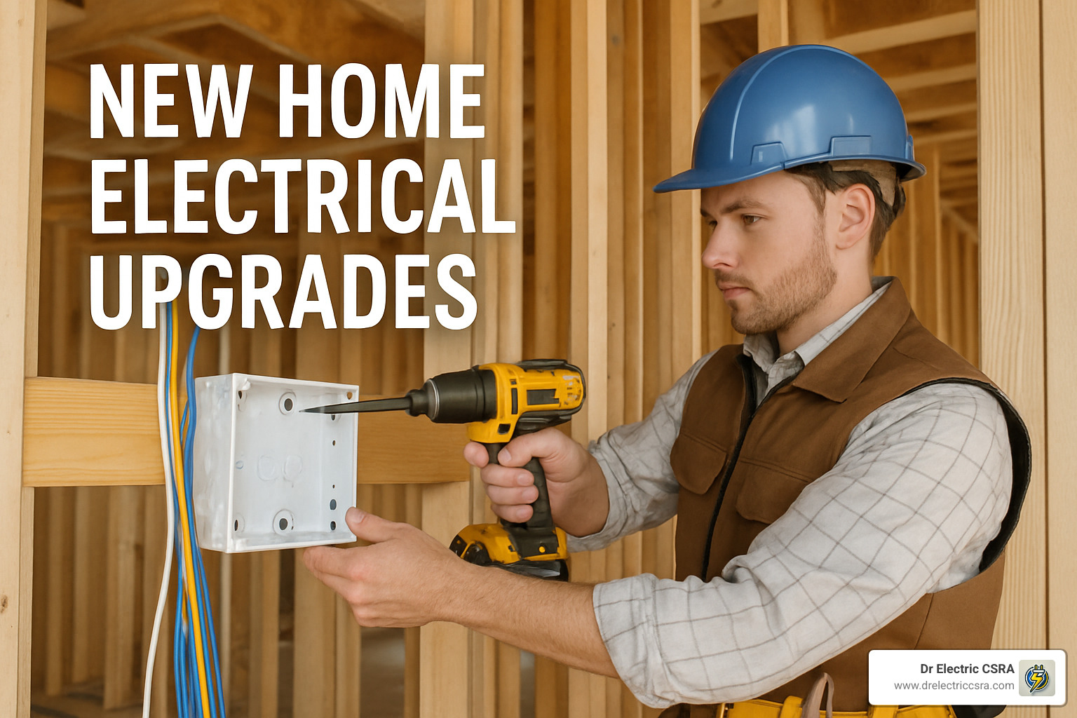 Man installing electrical upgrades in a new home, using a drill on an electrical box, surrounded by wooden framing and colorful wiring, emphasizing safety and efficiency in electrical systems.