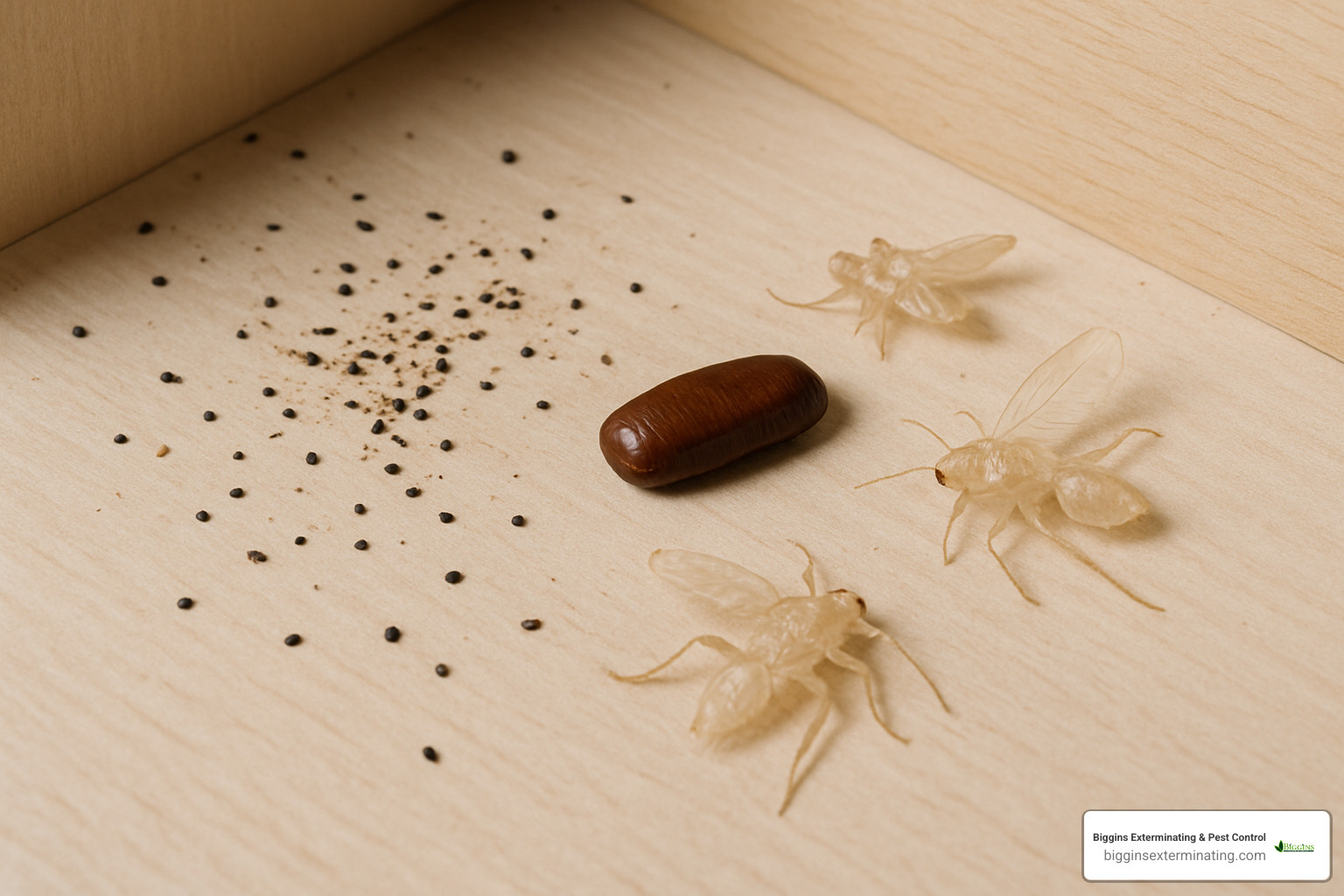 Signs of cockroach infestation including droppings, egg cases, and shed skins - pest control for cockroaches near me