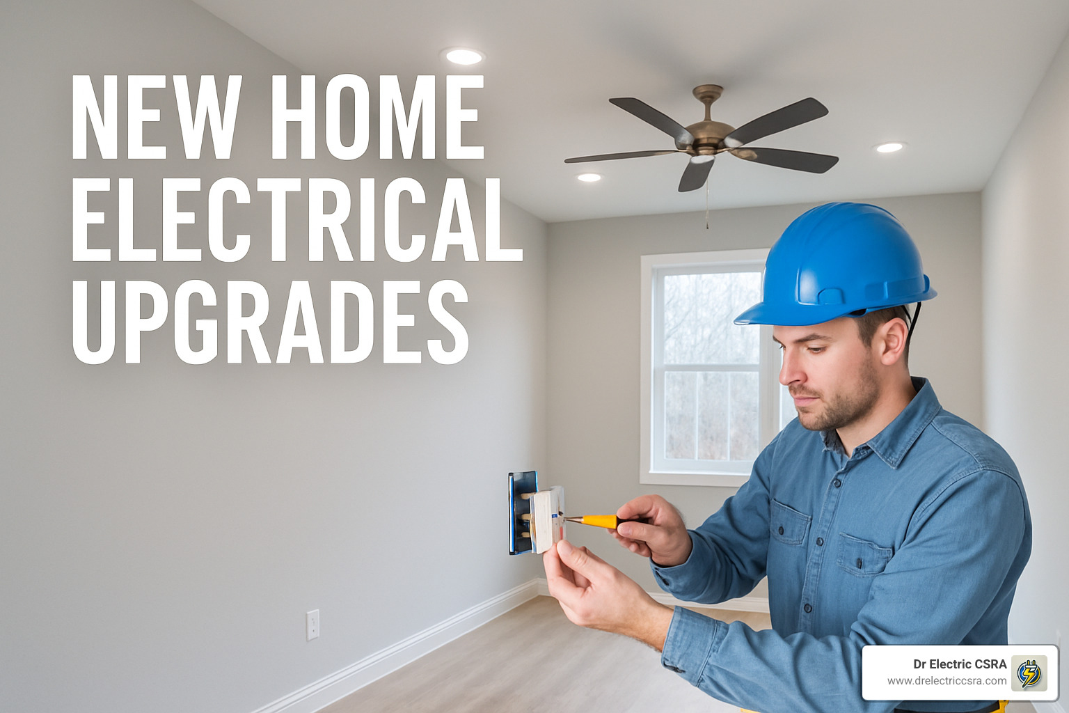 Man in blue hard hat performing electrical upgrades in a new home, with text overlay "New Home Electrical Upgrades," emphasizing safety and modern electrical standards.