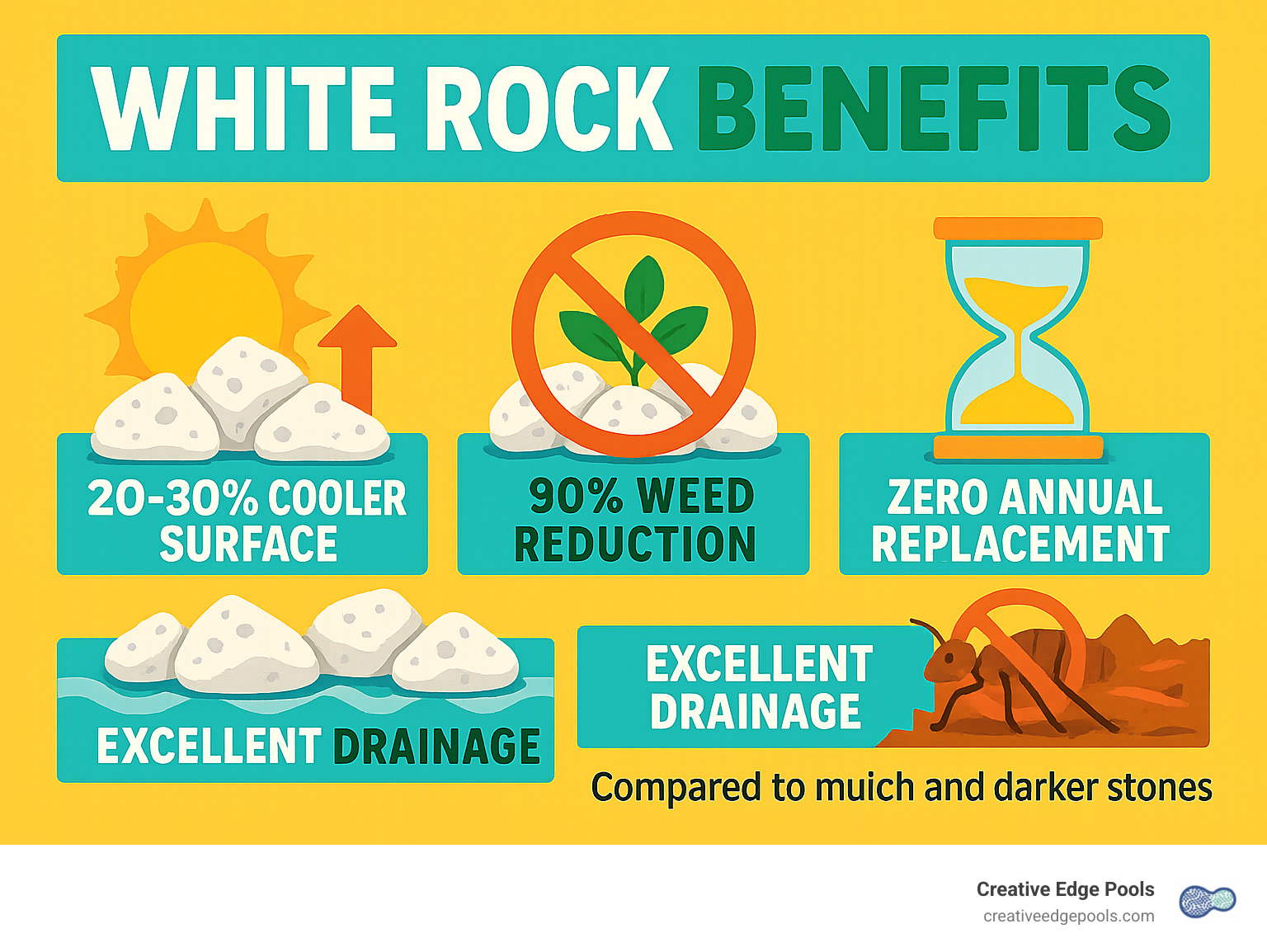 Infographic showing white rock benefits: 20-30% cooler surface temperature, 90% weed reduction, zero annual replacement needed, excellent drainage properties, and pest deterrent qualities compared to mulch and darker stones - ideas white rock landscaping around pool infographic 