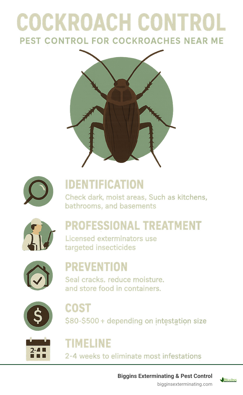 Infographic showing cockroach control process from identification through professional treatment, prevention methods, cost ranges, and timeline for elimination - pest control for cockroaches near me infographic 