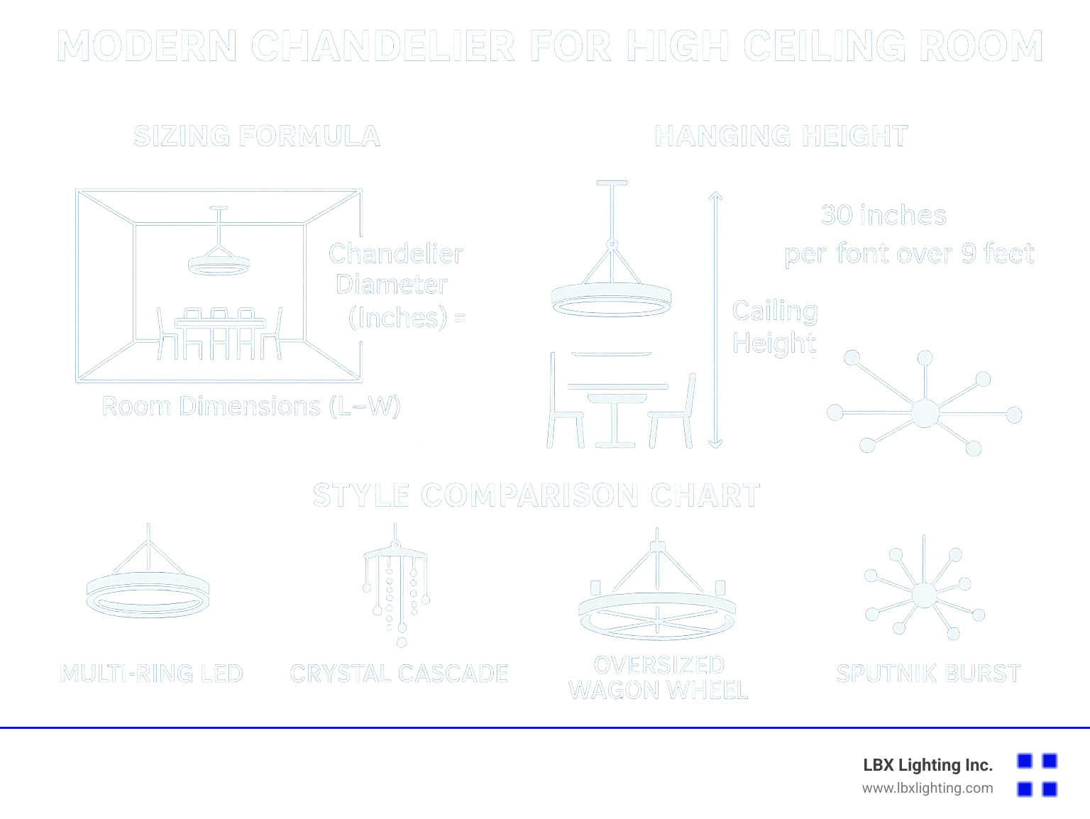 Infographic showing chandelier sizing formula with room dimensions, hanging height calculations, and style comparison chart for high ceiling dining rooms - modern chandelier for high ceiling dining room infographic 