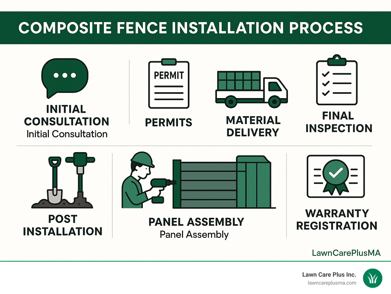 Infographic showing composite fence installation process from initial consultation through final inspection, including permit requirements, material delivery, post installation, panel assembly, and warranty registration steps - composite fencing fitters near me infographic 